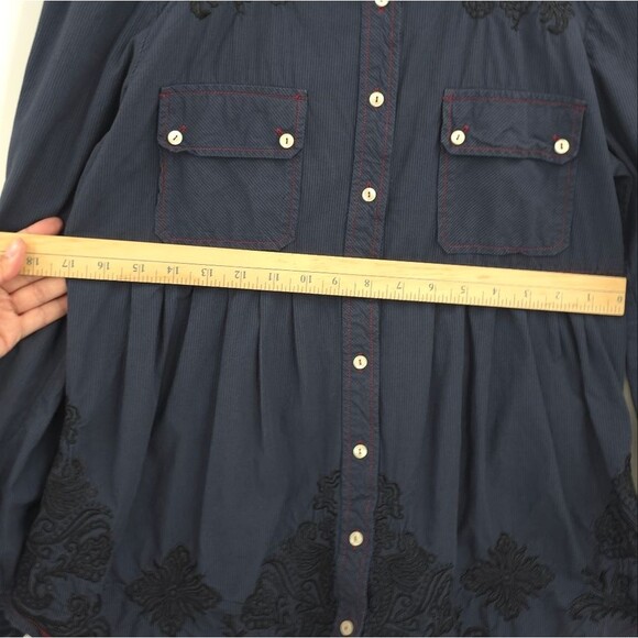 Johnny Was 3J Workshop Babydoll Button Up Top Embroidered Striped Y2k Blue - Picture 14 of 15
